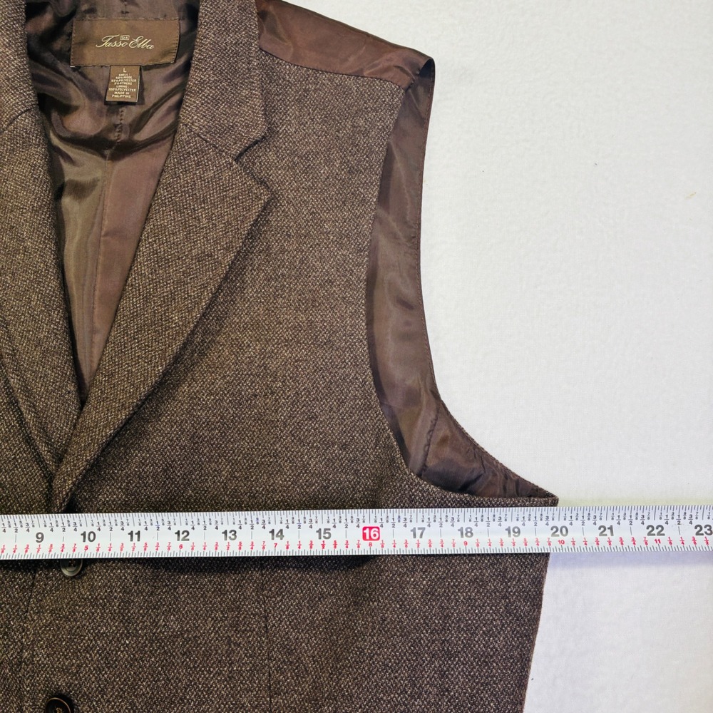Tasso Elba Mens Brown Wool Blend Tweed Vest Large Notched Lapel Cinch Back L - Picture 7 of 8